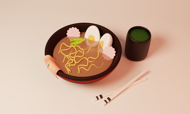 3d design illustration ramen green tea