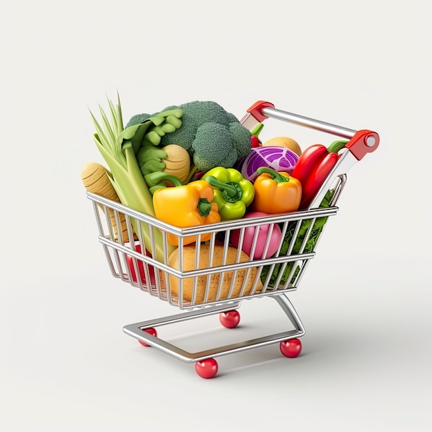 3D design of shopping cart full of food isolated on white background