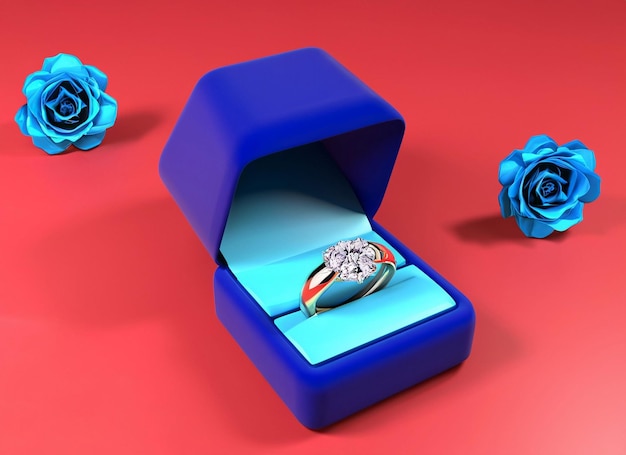 3d diamond ring in box and roses and background