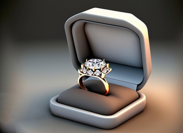 3d diamond ring in box and roses and background