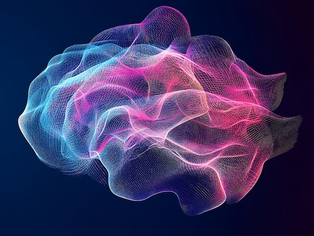 Photo 3d digital brain composed of fine mesh lines and swirling neon colors in shades of pink and blue on a dark background