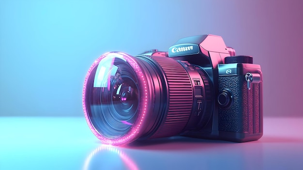 3D Digital Camera with Holographic Lenses concept as Horizontal shot of a digital camera on a white