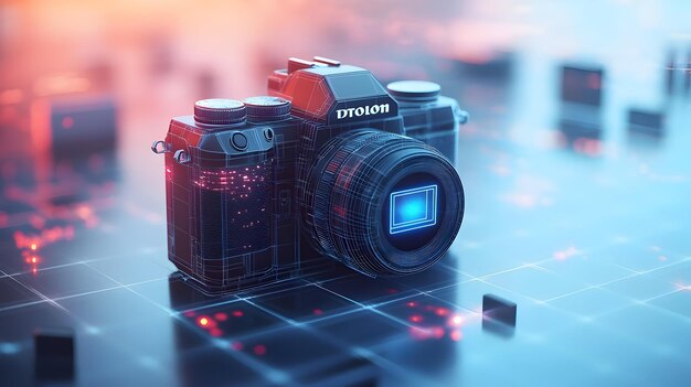 3D Digital camera with a holographic memory card icon floating concept as A digital camera is center