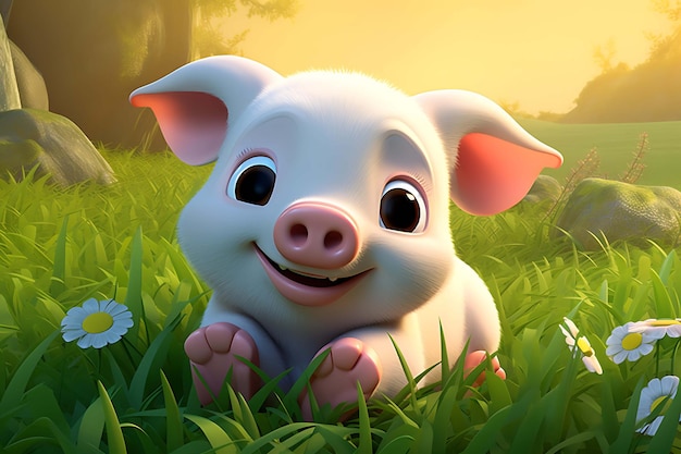 3D digital illustration of a cute smiling pig in a garden