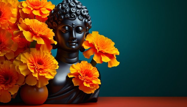 a 3D digital poster featuring a solitary vibrant marigold flower