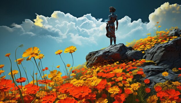 a 3D digital poster featuring a solitary vibrant marigold flower