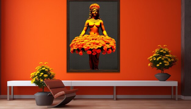 a 3D digital poster featuring a solitary vibrant marigold flower