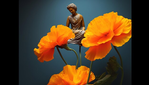 a 3D digital poster featuring a solitary vibrant marigold flower