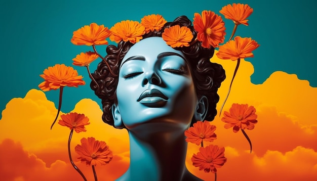 a 3D digital poster featuring a solitary vibrant marigold flower