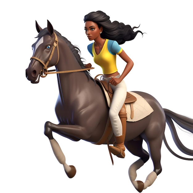 3D digital render of a beautiful girl riding a horse isolated on white background