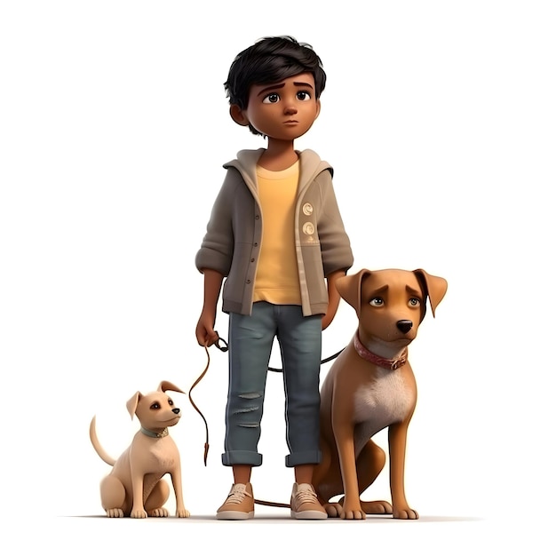 3D digital render of a cute boy and his dog isolated on white background