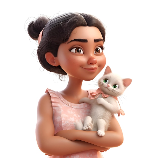 3D digital render of a cute little girl with a cat isolated on white background