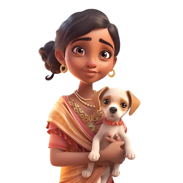 3D digital render of an Indian girl with a dog isolated on white background