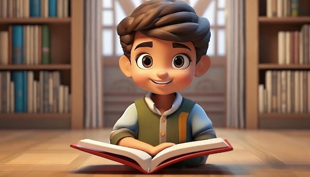 3D digital render of a little boy reading a book isolated