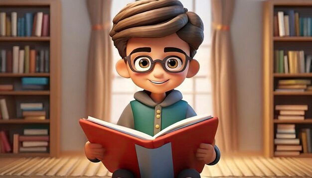 3D digital render of a little boy reading a book isolated