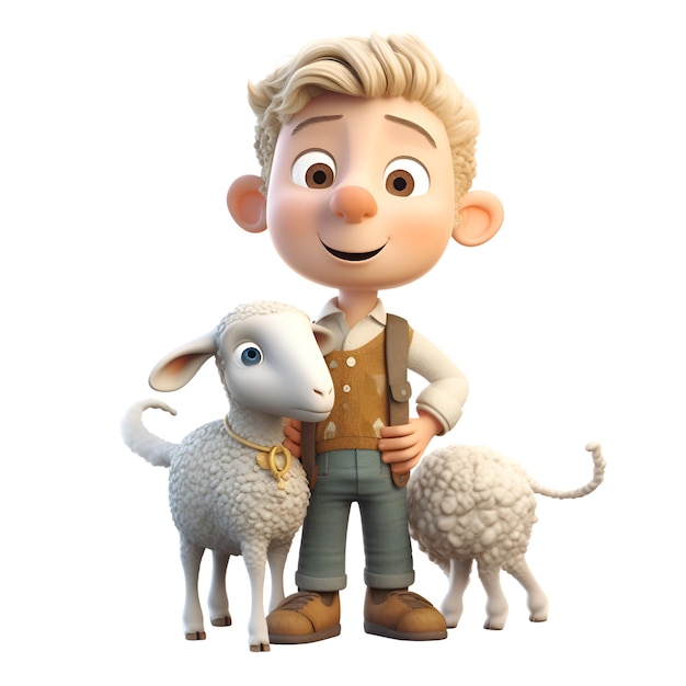 3D digital render of a little boy with sheep isolated on white background