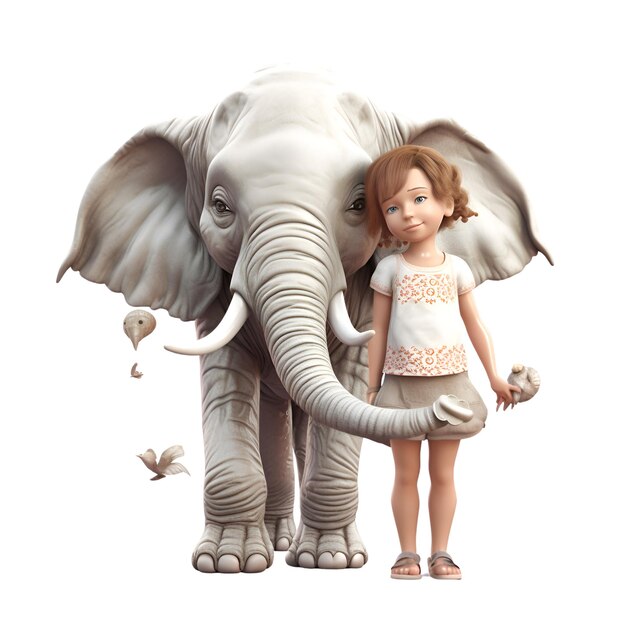 3D digital render of a little girl with an elephant isolated on white background