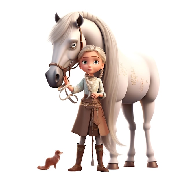 3D digital render of a little girl with a horse isolated on white background