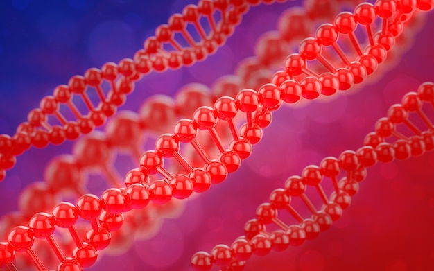 3d Digital Rendering red dna texture and bokeh molecule background