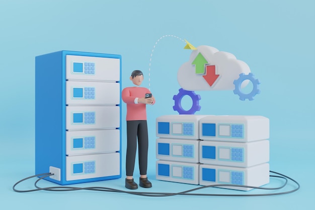 3D Digital service or app with data transfering. 3d servers and datacenter connection network.