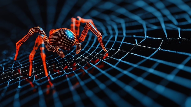 3D digital spider web with a search engine robot navigating it symbolizing the webcrawling function