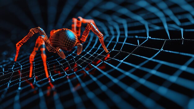 Photo 3d digital spider web with a search engine robot navigating it symbolizing the webcrawling function