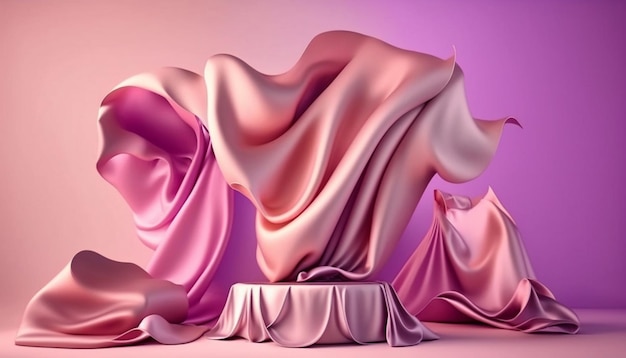 3D display pastel purple background. Satin fabric in motion, silk cloth flying.