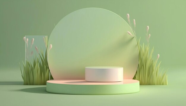 3D display podium pastel green background Natural green grass Ai generative