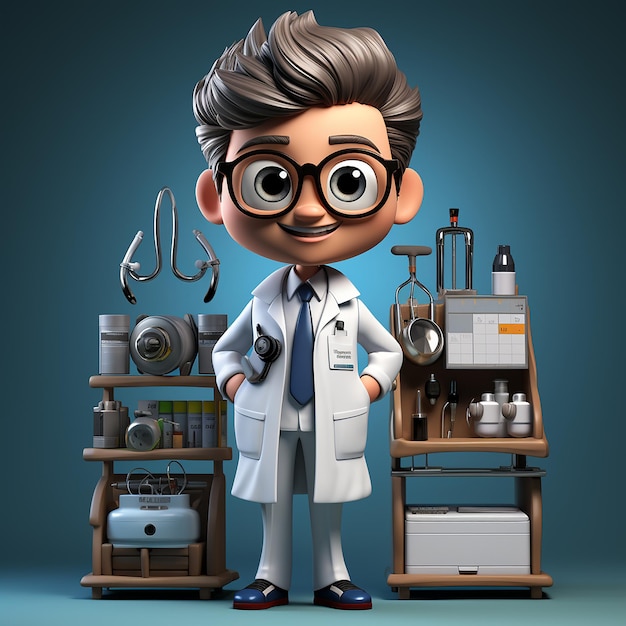 3d doctor cartoon character standing and wearing full doctor uniform and tools isolated on gray back