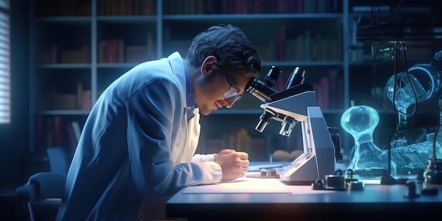 3D Doctor looking under microscope to analysis sample Medical science Lab Generative AI