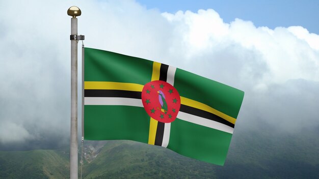 3D, Dominican flag waving on wind with blue sky and clouds. Dominica banner blowing, soft and smooth silk. Cloth fabric texture ensign background. Use it for national day and country occasions concept