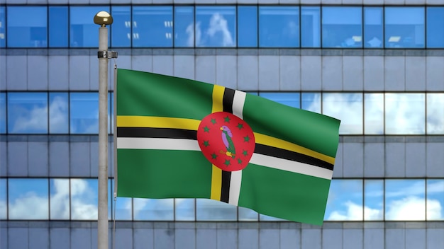 3D, Dominican flag waving on wind with modern skyscraper city. Close up of Dominica banner blowing, soft and smooth silk. Cloth fabric texture ensign background.