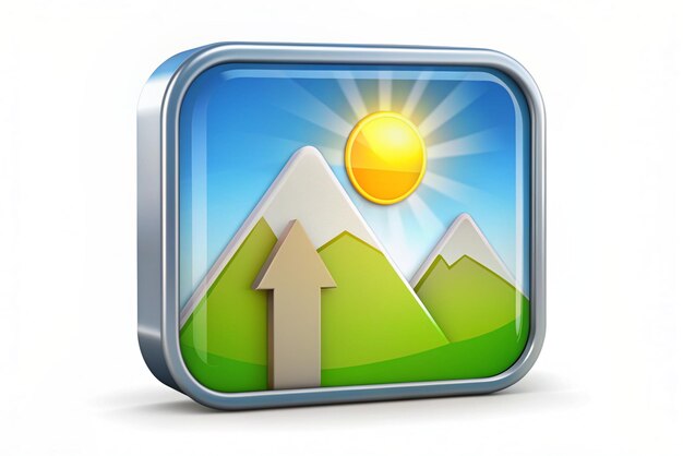 3D Download or upload picture icon Picture jpg file photo icon Gallery icon Mountains and sun Trendy and modern vector in 3d style