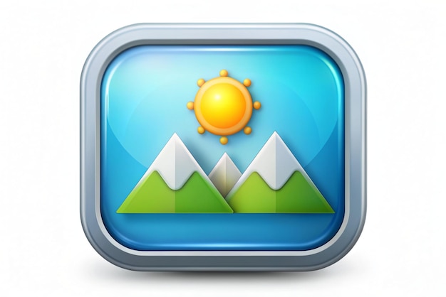 3D Download or upload picture icon Picture jpg file photo icon Gallery icon Mountains and sun Trendy and modern vector in 3d style