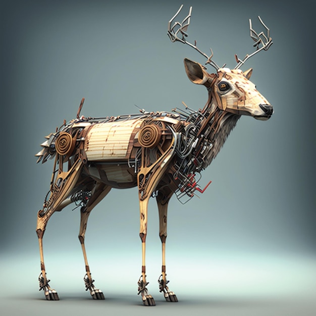 A 3d drawing of a deer made of parts and wires.