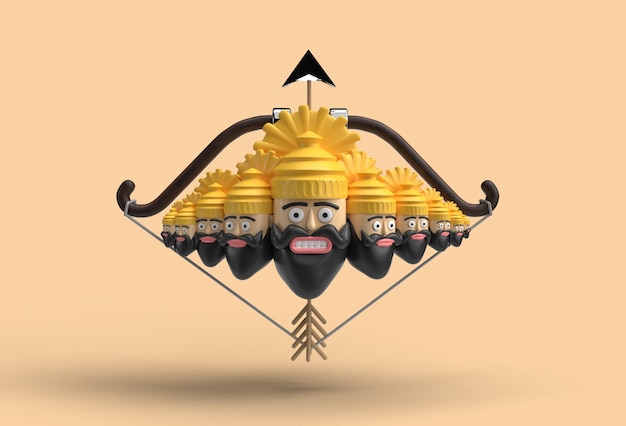 Photo 3d dussehra celebration - ravana ten heads with bow and arrow - pen tool created clipping path included in jpeg easy to composite.