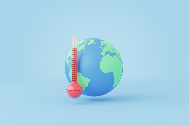 3D Earth and red thermometer icons against blue background