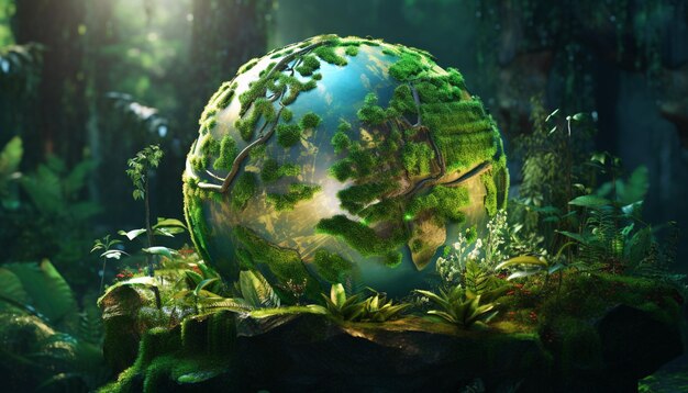 Photo a 3d earth surrounded by a glowing green aura