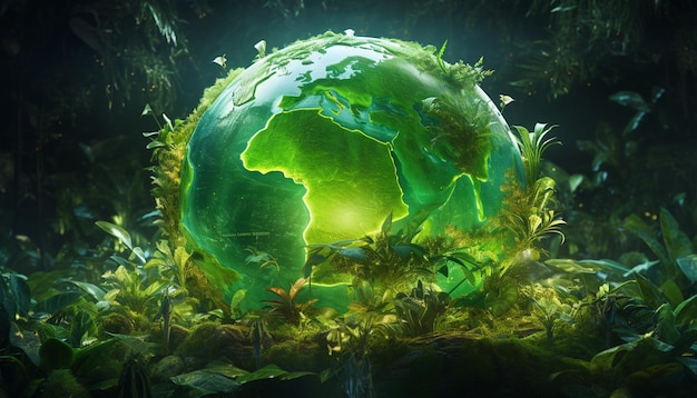 Photo a 3d earth surrounded by a glowing green aura