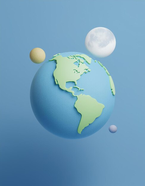 Photo 3d the earth and three small planets against a blue backdrop 3d rendering