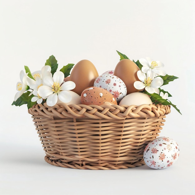 3d easter colorfull eggs basket with flowers iso