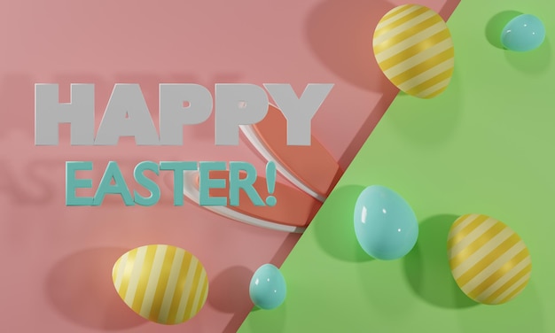 3D Easter greeting card Happy Easter Painted Easter eggs and bunny ears 3d render illustration