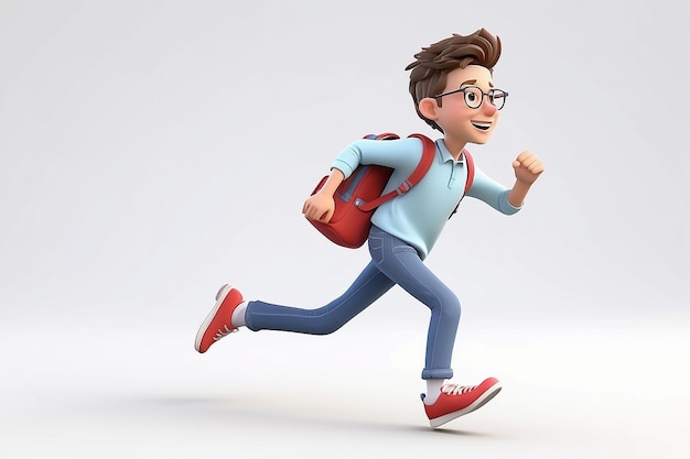 3d education people Young student running in a hurry White background