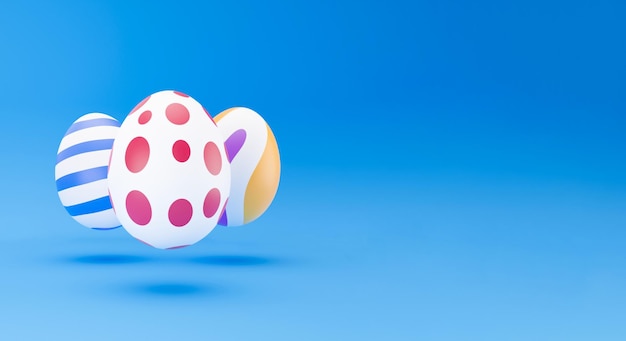 3D Eggs levitating on blue background easter eggs colorful decoration background minimal holiday style design 3d rendering Natural creative composition render illustration