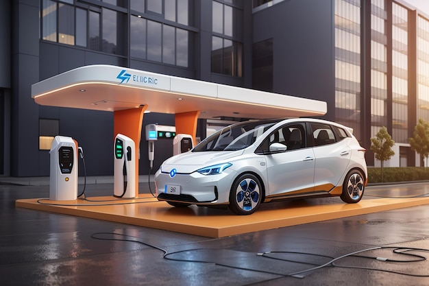 3d electric car and buildingcharging station