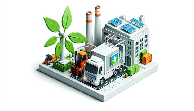 Photo 3d electric truck and manufacturing plant icon symbolizing ecofriendly transportation in industrial