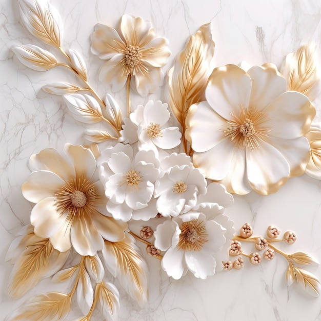 3d embossed flowers on a marble background wallpaper