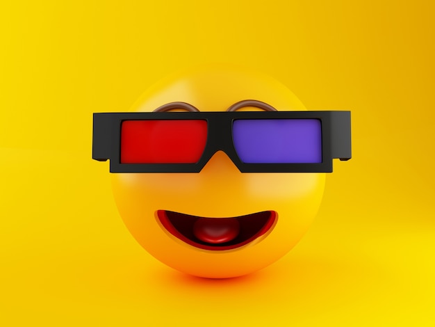 3d Emoji with 3d eyeglasses. Cinema concept.