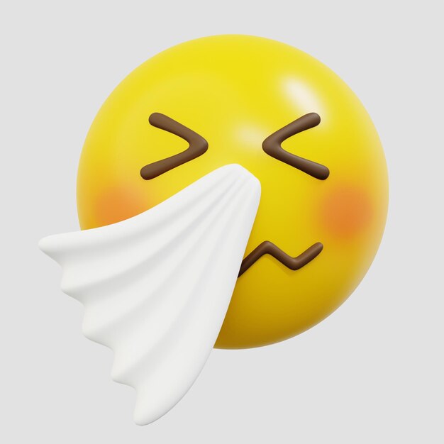 Photo 3d emoticon sneezing cartoon emoji or smiley yellow ball