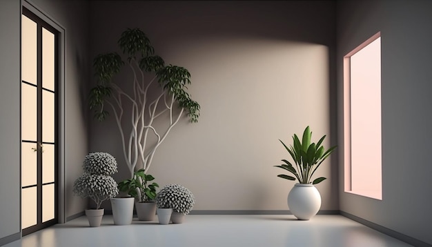 3d empty interior with home plant Generative AI